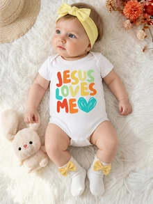 SHEIN Baby Girls' Colorful Fun Letters Heart Printed Short Sleeve Bodysuit, Summer - White - View 3