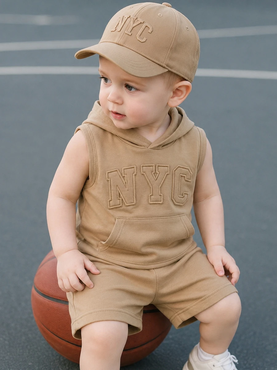 SHEIN Playful Pals 2件組 幼兒男嬰夏季套裝 卡其色休閒海灘街頭風 NYC字母壓紋無袖連帽T恤 & 針織短褲套裝 6M-3T - 卡其色 - 查看 1