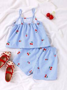 SHEIN Vintaside Kids 年轻女孩格子樱桃印花吊带背心和短裤套装，夏季凉爽舒适的户外活动服装 - 淺藍色 - 查看 7