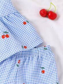 SHEIN Vintaside Kids 年轻女孩格子樱桃印花吊带背心和短裤套装，夏季凉爽舒适的户外活动服装 - 淺藍色 - 查看 13