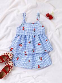 SHEIN Vintaside Kids 年轻女孩格子樱桃印花吊带背心和短裤套装，夏季凉爽舒适的户外活动服装 - 淺藍色 - 查看 9