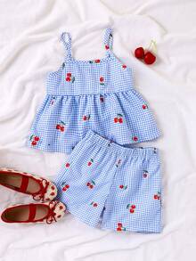SHEIN Vintaside Kids 年轻女孩格子樱桃印花吊带背心和短裤套装，夏季凉爽舒适的户外活动服装 - 淺藍色 - 查看 6