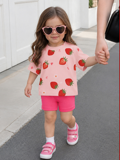 Elladie kids طقم تي شيرت بأكمام قصيرة وشورت للبنات الصغار بطبعة فراولة لطيفة وأنيقة، مناسب للربيع إلى الصيف