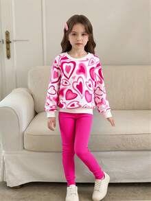 2pcs/Set Girls Casual Heart Print Long Sleeve Top And Pink Pants Outfit Autumn Back-To-School School - Hot Pink - View 11