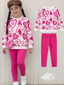 2pcs/Set Girls Casual Heart Print Long Sleeve Top And Pink Pants Outfit Autumn Back-To-School School - Hot Pink - View 4