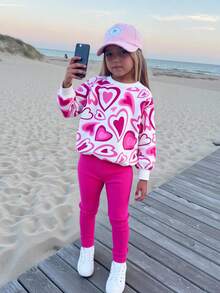 2pcs/Set Girls Casual Heart Print Long Sleeve Top And Pink Pants Outfit Autumn Back-To-School School - Hot Pink - View 12
