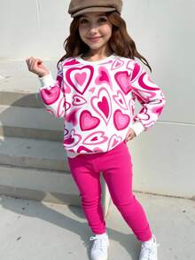 2pcs/Set Girls Casual Heart Print Long Sleeve Top And Pink Pants Outfit Autumn Back-To-School School - Hot Pink - View 5