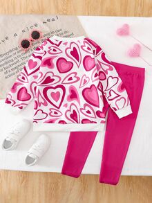 2pcs/Set Girls Casual Heart Print Long Sleeve Top And Pink Pants Outfit Autumn Back-To-School School - Hot Pink - View 6