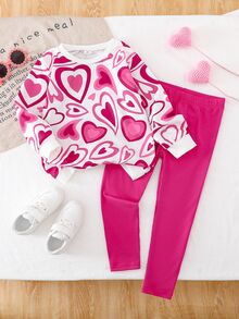 2pcs/Set Girls Casual Heart Print Long Sleeve Top And Pink Pants Outfit Autumn Back-To-School School - Hot Pink - View 7
