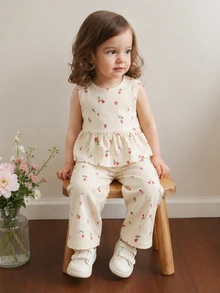 SHEIN Vintaside Kids 2件組女嬰杏色小碎花圓領無袖背心上衣 荷葉邊娃娃領鈕扣開襟蝴蝶結裝飾上衣 鬆緊腰長褲套裝 春/夏/秋新款 舒適可愛甜美 適合居家與外出 夏日田園風時尚服飾 - 杏色 - 查看 2