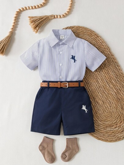 2pcs Young Boy Gentleman Outfit,Stripe Blue Embroidered Horse Polo Shirt&Suit Shorts With Belt,White,Career Day,Back-To-School,Wedding Birthday Party