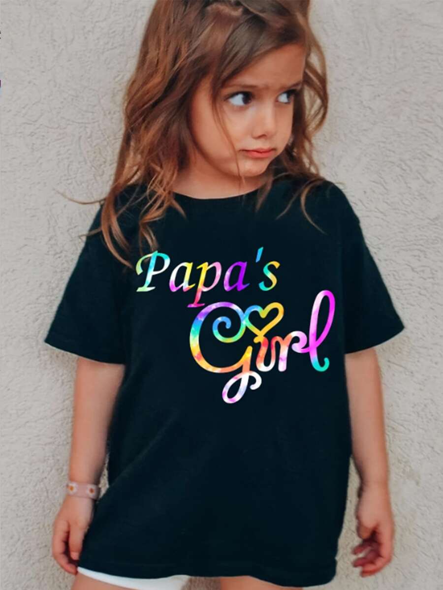 Young Girl Colorful Letter Print Cute Short Sleeve T-Shirt - Black - View 1