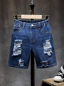SHEIN Playful Pals 男童牛仔裤夏季新品：时尚休闲牛仔短裤，浅蓝色牛仔布，复古做旧破洞设计，直筒宽松版型，舒适柔软面料。适合日常通勤、上学、户外活动等各种场合。男童牛仔短裤 - 中等水洗藍 - 查看 5