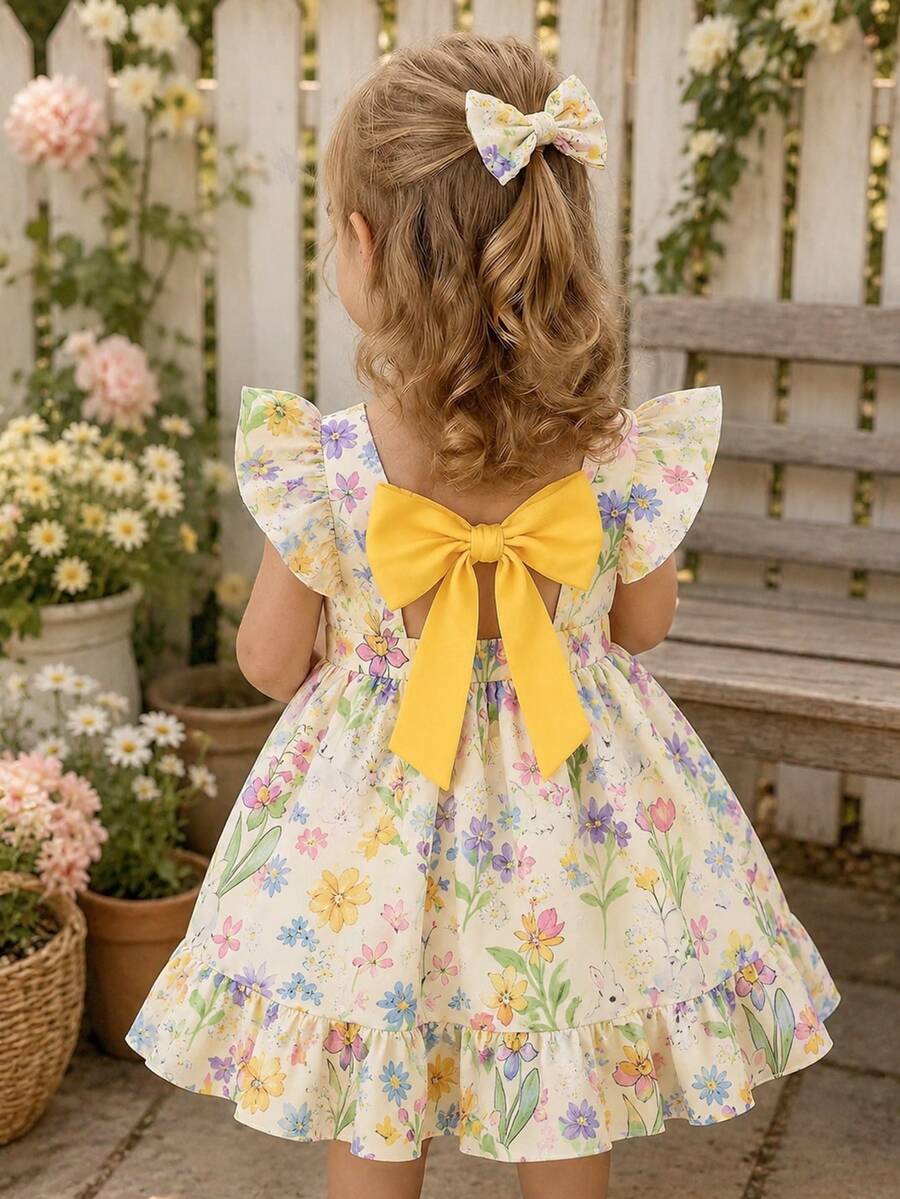 SHEIN Elladie kids 女童優雅仙女風花卉印花洋裝,蝴蝶夏季度假假日風,荷葉袖鏤空露背蝴蝶結荷葉邊校服裙 - 黃色 - 查看 1