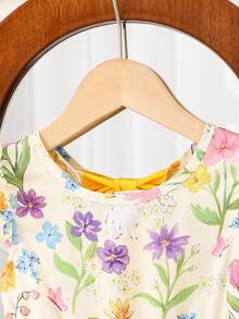 SHEIN Elladie kids 女童優雅仙女風花卉印花洋裝，蝴蝶夏季度假假日風，荷葉袖鏤空露背蝴蝶結荷葉邊校服裙 - 黃色 - 查看 7