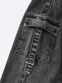 SHEIN Casuvi Kids 大童弹力腰复古街头时尚多口袋侧面 D 形环装饰黑色牛仔工装裤 - 黑色 - 查看 9