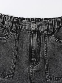 SHEIN Casuvi Kids 大童弹力腰复古街头时尚多口袋侧面 D 形环装饰黑色牛仔工装裤 - 黑色 - 查看 10