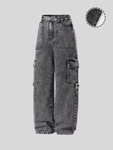 SHEIN Casuvi Kids 大童弹力腰复古街头时尚多口袋侧面 D 形环装饰黑色牛仔工装裤 - 黑色 - 查看 8