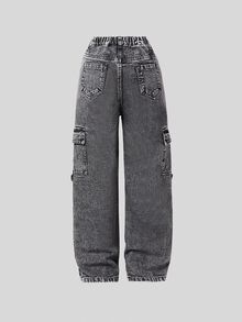 SHEIN Casuvi Kids 大童弹力腰复古街头时尚多口袋侧面 D 形环装饰黑色牛仔工装裤 - 黑色 - 查看 2