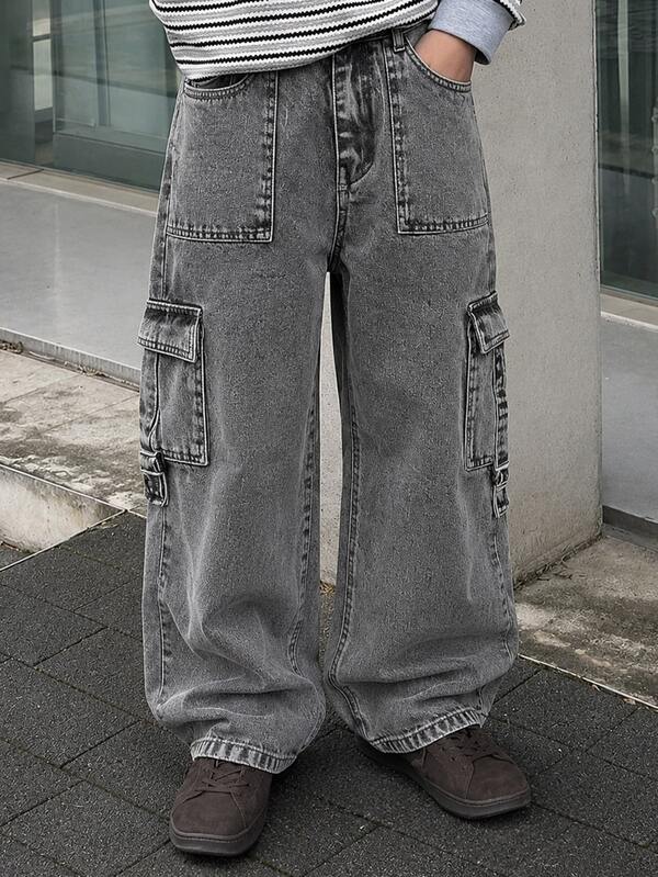 SHEIN Casuvi Kids 大童弹力腰复古街头时尚多口袋侧面 D 形环装饰黑色牛仔工装裤