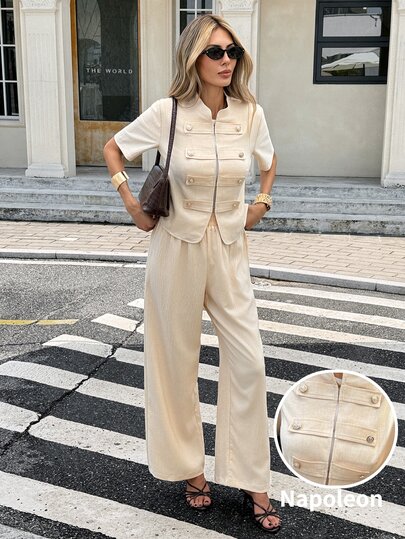 Serisse Setelan Kasual Wanita Gaya Militer, Atasan Lengan Pendek Kancing Ganda dan Celana Panjang Kasual, Set Musim Gugur Warna Beige, Set Kasual untuk Wanita