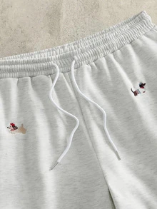 Manfinity RebelGame 男士臘腸狗刺繡抽繩腰寬鬆休閒長褲 - 淺灰色 - 查看 4