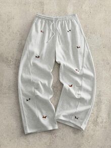 Manfinity RebelGame 男士臘腸狗刺繡抽繩腰寬鬆休閒長褲 - 淺灰色 - 查看 2