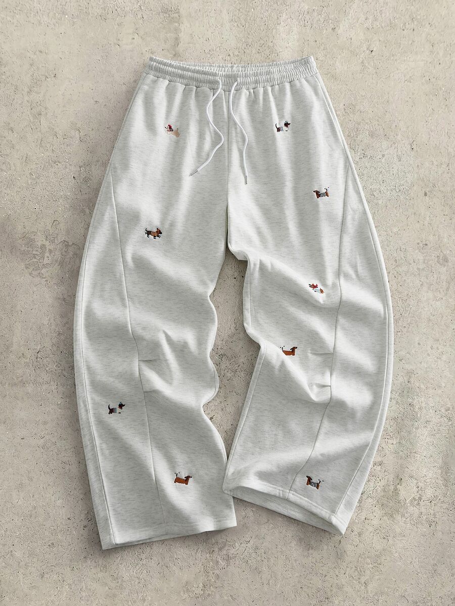 Manfinity RebelGame Men's Dachshund Embroidered Drawstring Waist Loose Casual Long Pants - Light Grey - View 1