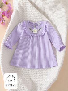 SHEIN 新生兒圓領立體刺繡洋裝，可愛優雅，簡約舒適 - 淡紫色 - 查看 3