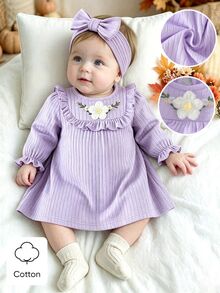 SHEIN 新生兒圓領立體刺繡洋裝，可愛優雅，簡約舒適 - 淡紫色 - 查看 1