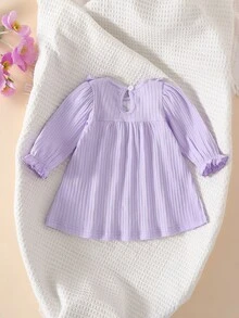 SHEIN 新生兒圓領立體刺繡洋裝，可愛優雅，簡約舒適 - 淡紫色 - 查看 2