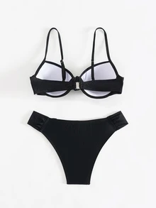 Swim SPRTY 女士沙滩装夏季 2 件套 - 褶皱钢圈紧身胸衣比基尼上衣和比基尼下装，黑色性感泳装 - 黑色 - 查看 6
