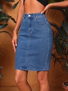SHEIN Essnce 女款高腰口袋休閒緊身牛仔裙 - 中等水洗藍 - 查看 3