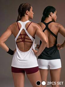 Powerista Women's White Loose Tank Top & Black Tank Top 2 Pieces Set - Black and White - View 1