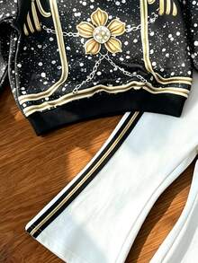 女童長袖運動衫套裝，黑色仿亮片上衣，金色花朵仿流蘇鏈條印花，復古奢華黑金條紋白色喇叭褲 - 彩色 - 查看 4
