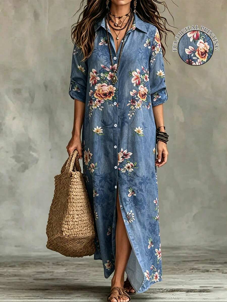 Linhara CURVE Plus Size Woven Printed Autumn Women's Dress For Vacation Vacation Navy Blue Boho 90s Fall Vacation - Blue - View 1