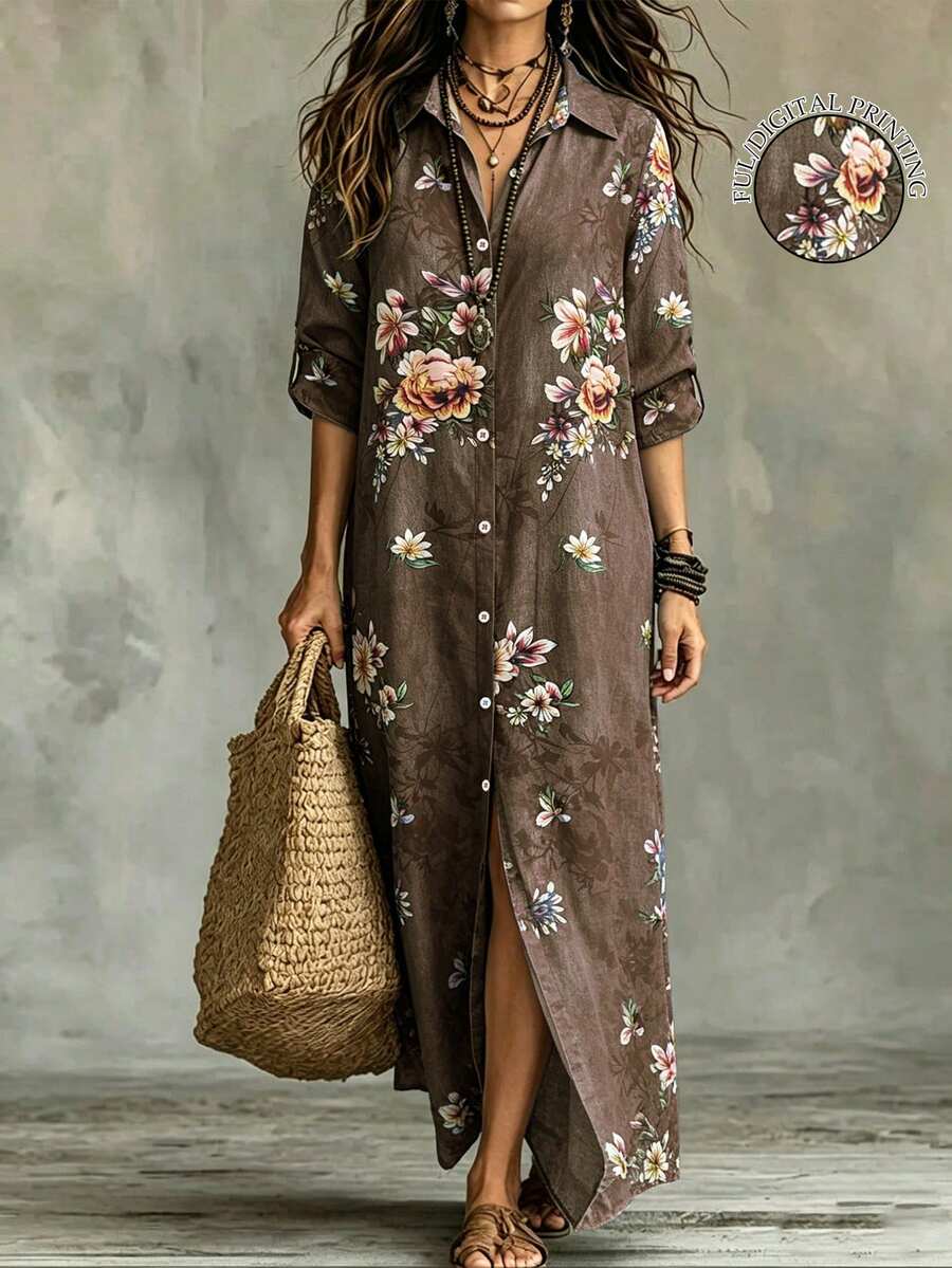 Linhara CURVE Gaun Wanita Ukuran Besar Bermotif Tenun untuk Liburan Musim Gugur - Coklat - View 1