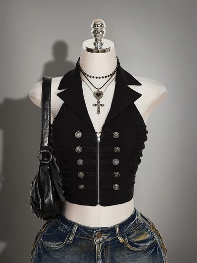 SHEIN ICON 女款拉鍊掛脖時尚百搭日常休閒薄款西裝背心