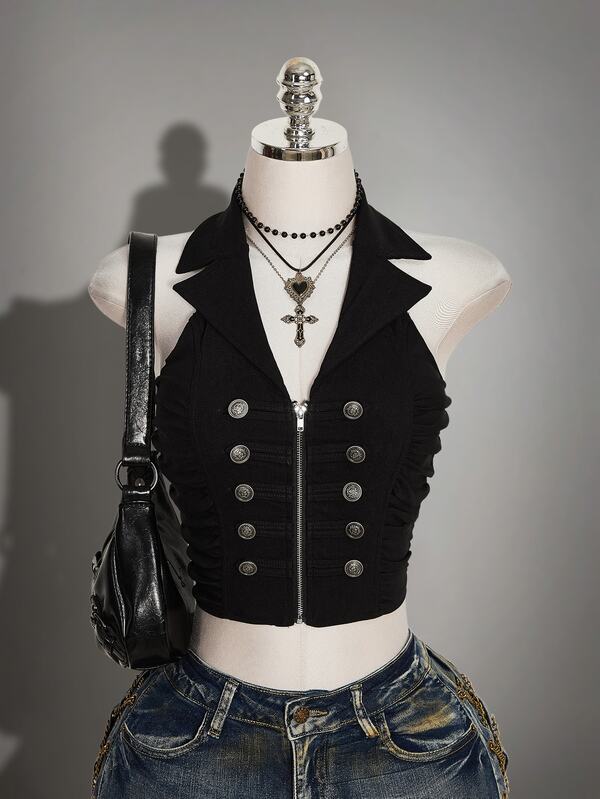 SHEIN ICON 女款拉鍊掛脖時尚百搭日常休閒薄款西裝背心