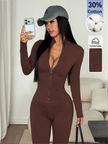 SHEIN PETITE 女款時尚百搭拉鍊長袖上衣與修身緊身褲2件套，健身運動棕色秋季休閒 - 棕色 - 查看 4