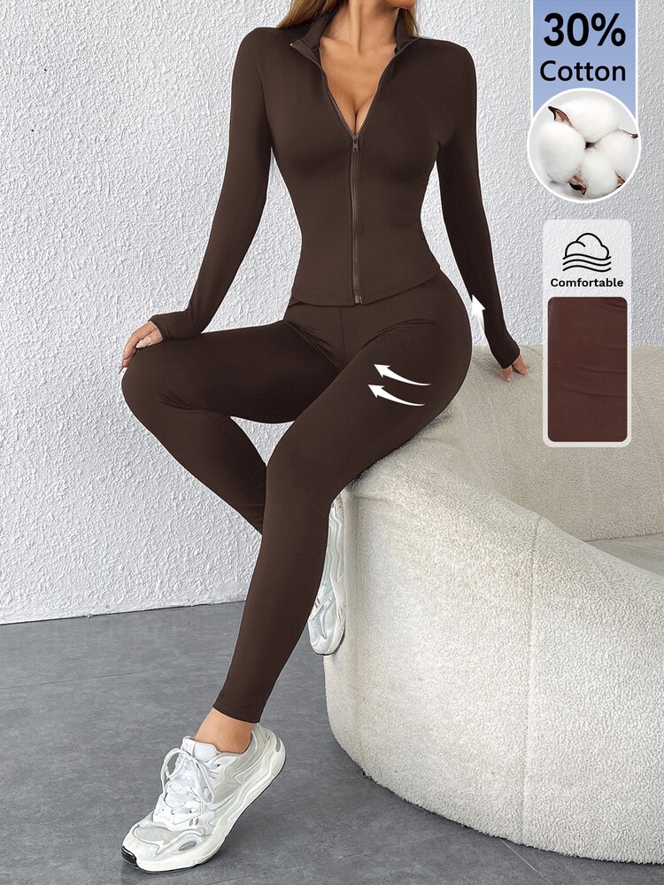 SHEIN PETITE Women's Fashion Versatile Zip-Up Long Sleeve Top And Slim Fit Leggings 2 Pieces Set Gym Workout Brown Autumn Casual - Brown - View 6