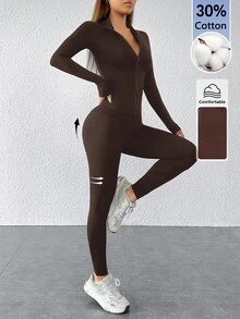 SHEIN PETITE 女款時尚百搭拉鍊長袖上衣與修身緊身褲2件套，健身運動棕色秋季休閒 - 棕色 - 查看 8