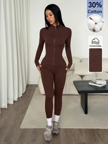 SHEIN PETITE 女款時尚百搭拉鍊長袖上衣與修身緊身褲2件套，健身運動棕色秋季休閒 - 棕色 - 查看 7