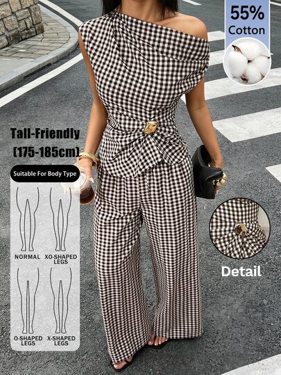 SHEIN Tall Women's New White And Black Sloping Shoulder Metal Decorative Top And Pants Two Pieces Set Oktoberfest Party Dinner Night Summer 70s Elegant