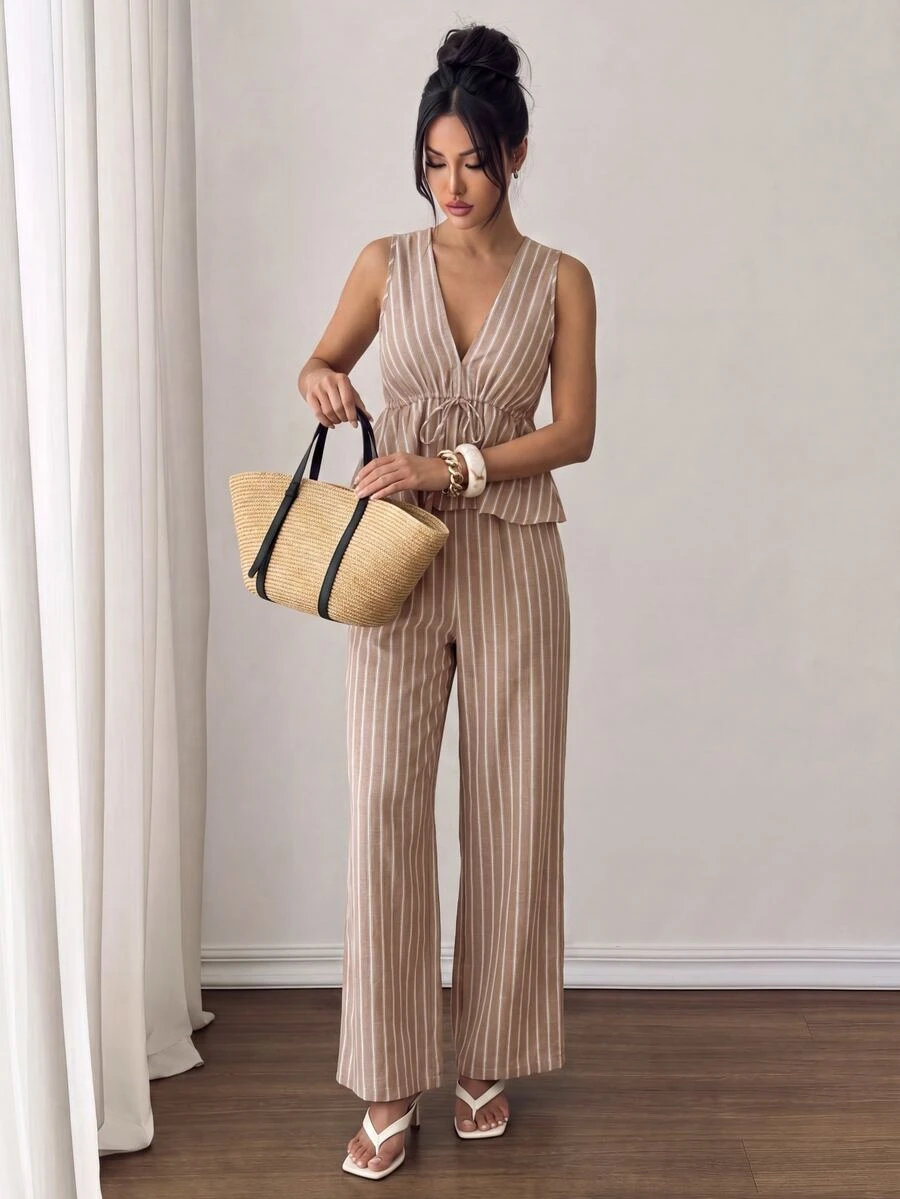 SHEIN PETITE 女款條紋繫腰無袖上衣與長褲兩件套,棕色與白色夏季休閒度假假日復古波希米亞風套裝,2件套,適合嬌小女性 - 棕色 - 查看 1