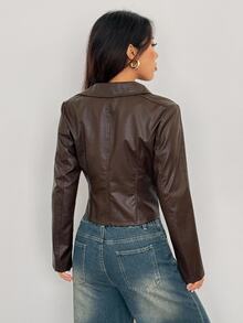 SHEIN PETITE Women's Valentine Double Zipper Leather Jacket In Fall/Winter - Brown - View 2