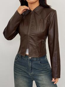 SHEIN PETITE Women's Valentine Double Zipper Leather Jacket In Fall/Winter - Brown - View 5