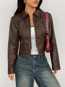 SHEIN PETITE Women's Valentine Double Zipper Leather Jacket In Fall/Winter - Brown - View 7