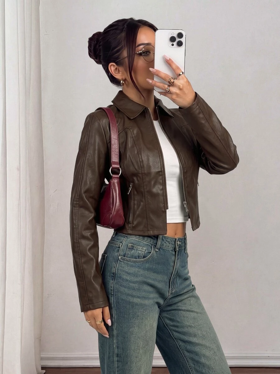 SHEIN PETITE Women's Valentine Double Zipper Leather Jacket In Fall/Winter - Brown - View 1