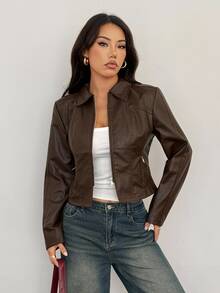SHEIN PETITE Women's Valentine Double Zipper Leather Jacket In Fall/Winter - Brown - View 4